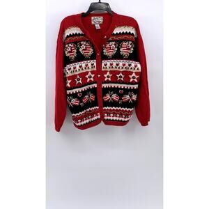 HEIRLOOM Women's Vintage Red Knit Hearts/Stars/American Flag Cardigan SZ XL